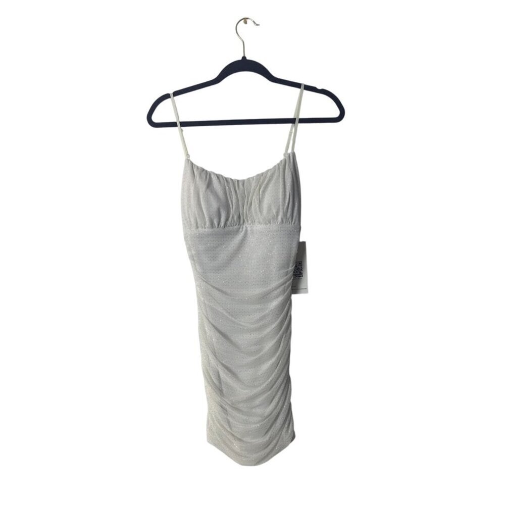 White Ruched Mini Dress With Glitter Accents Adjustable Spaghetti Straps